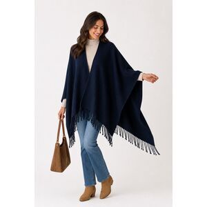 Mersea Classic Travel Wrap One Size Poncho Shawl Navy Blue Tassels Fringe